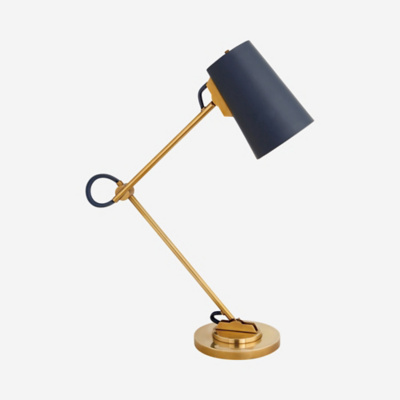 Benton Adjustable Desk Lamp In Natural Brass With Navy Leather
