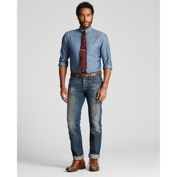 Shop Double Rl Slim Fit Chambray Shirt In Steel Blue