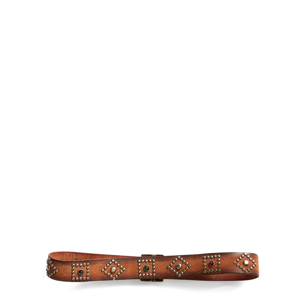 Double Rl Studded Roughout Leather Belt In Light Brown