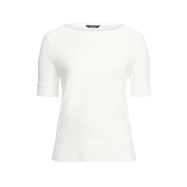 T-shirt com decote à barco em algodão elástico