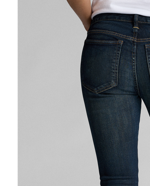 Skinny-fitting jeans made from 11.25 oz Japanese denim. Stretch-infused cotton for fit and fast recovery. Dark indigo wash with hand-sanding and distressing.