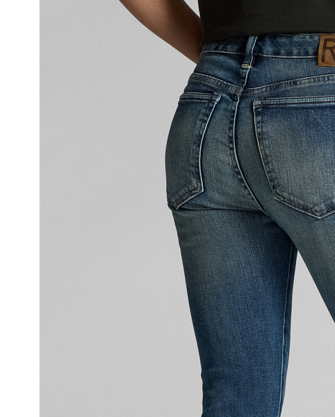 Skinny-fitting jeans made from 11.25 oz Japanese denim. Stretch-infused cotton for fit and fast recovery. Medium indigo wash with hand-sanding and distressing.