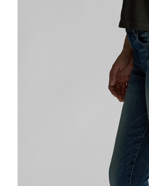 Skinny-fitting jeans made from 11.25 oz Japanese denim. Stretch-infused cotton for fit and fast recovery. Medium indigo wash with hand-sanding and distressing.