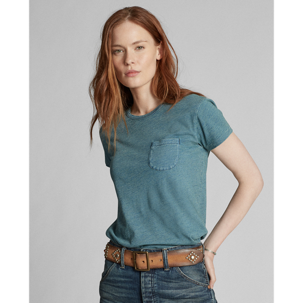 RRL Indigo katoenen T-shirt met zak 1