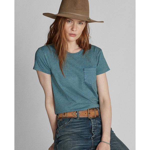 RRL Indigo katoenen T-shirt met zak 6