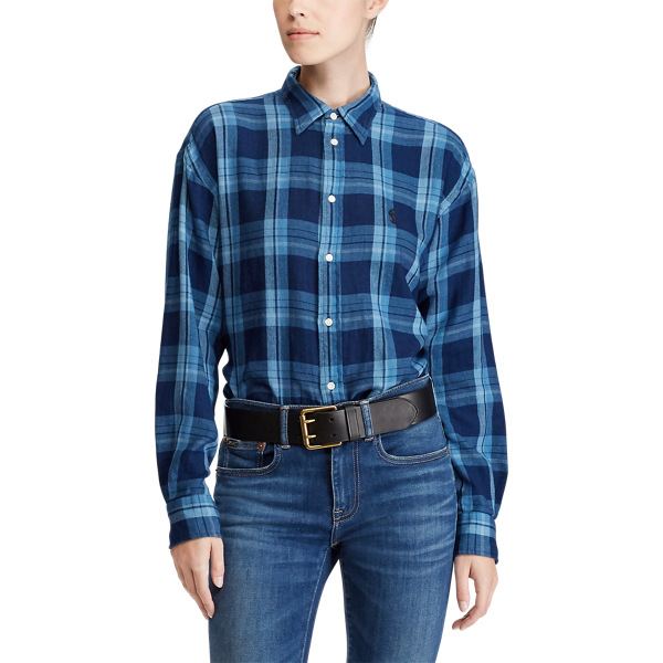 Ralph Lauren Womens Plaid Crinkle Cotton Shirt Red Size Large
