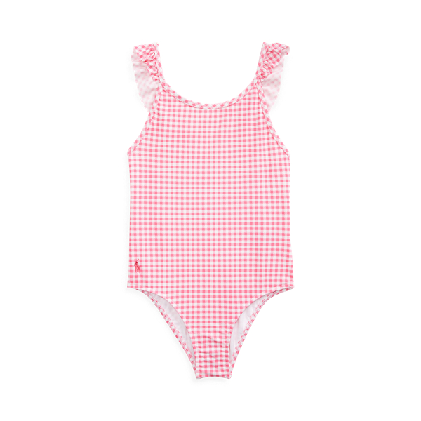 Pink Gingham Ruffle Front One Piece Girls Swimsuit main image 0