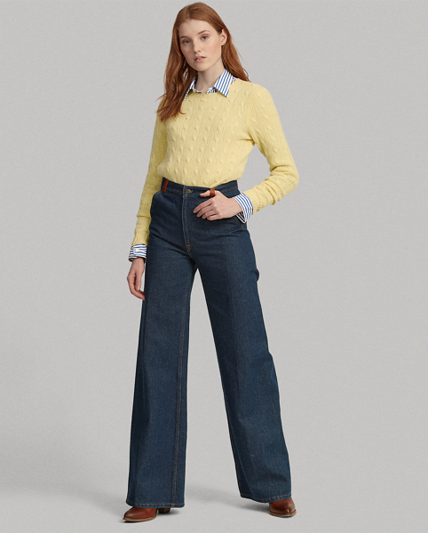Leather-Trim Wide-Leg Jean