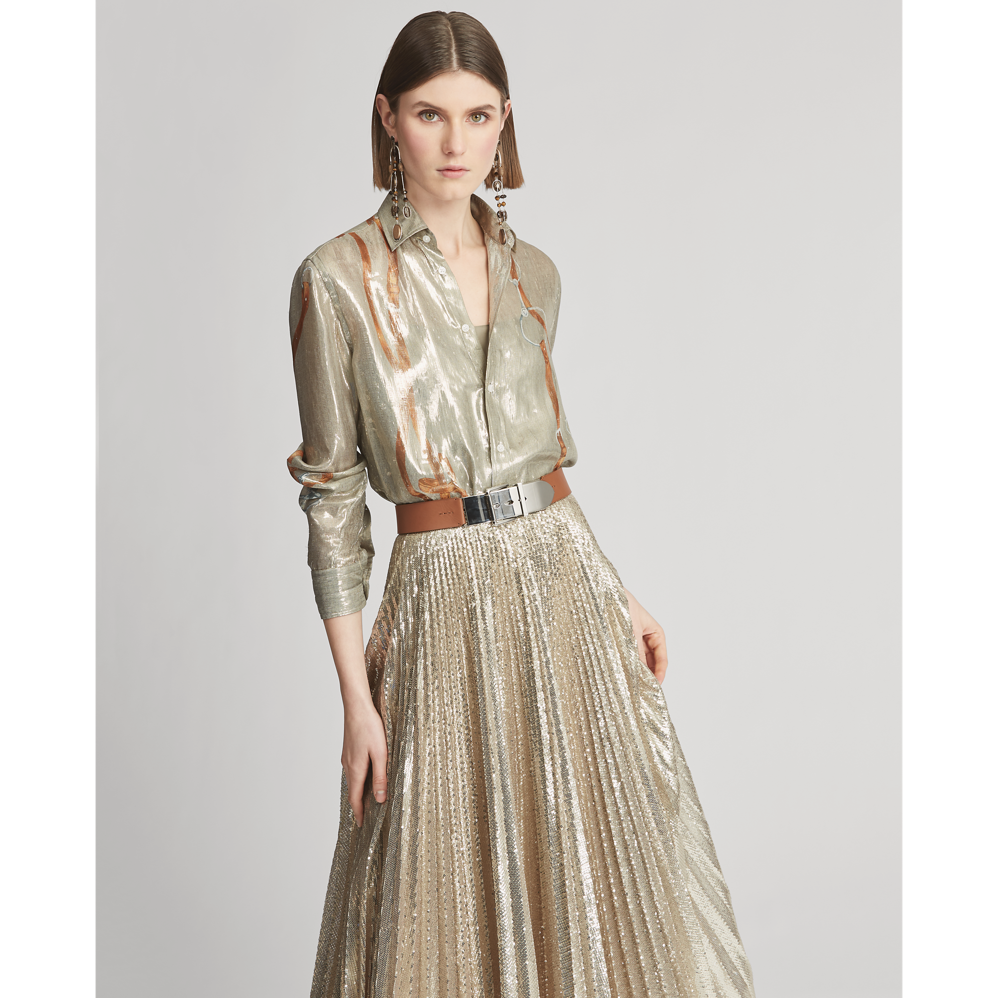 Ralph Lauren Adrien Bridle-Print Lamé Shirt. 1