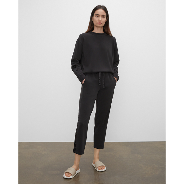 black pants with satin stripe