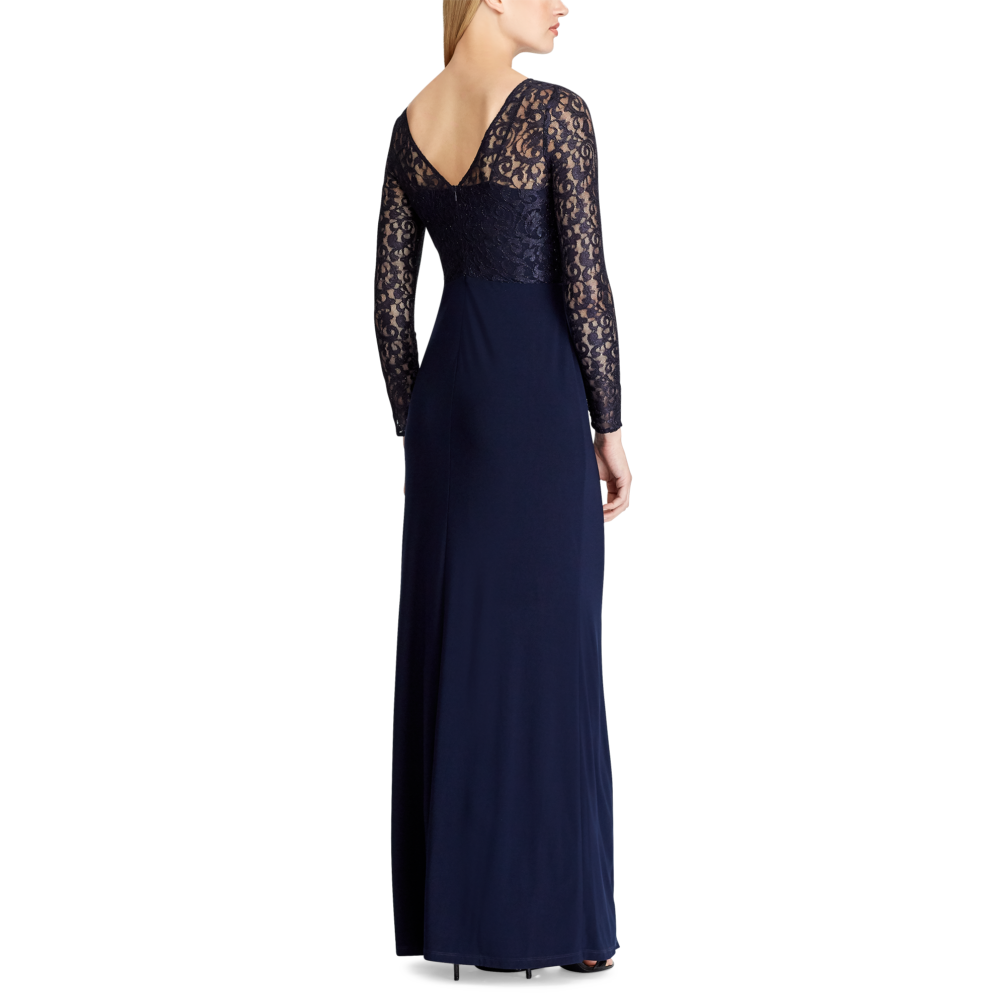 Ralph Lauren Lace-Bodice Jersey Gown. 4