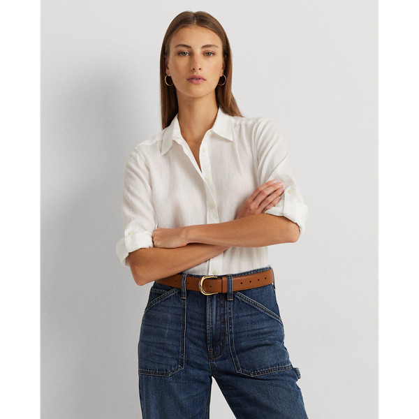 Shop Lauren Ralph Lauren Relaxed Fit Linen Roll Tab-sleeve Shirt In White