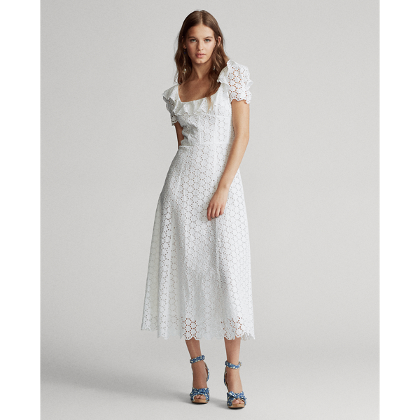Shop Ralph Lauren Linen Eyelet Midi Dress In White