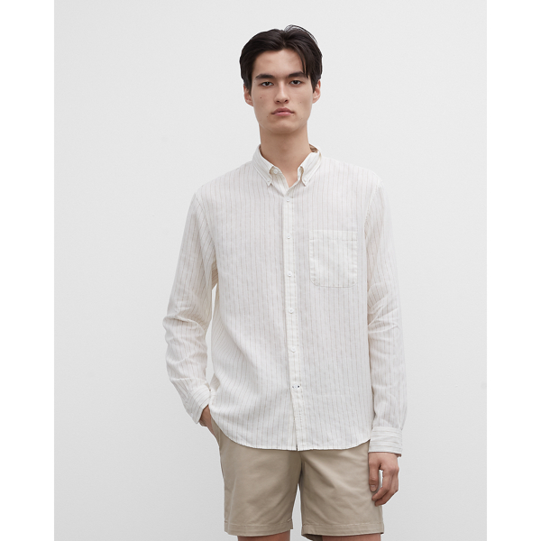 Image of Club Monaco Bone / Khaki Slim Striped Linen Shirt in Size L