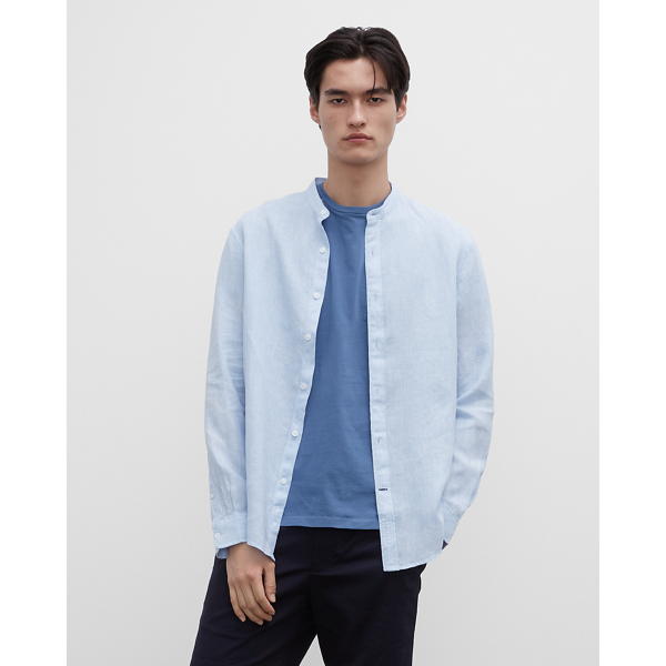 Image of Club Monaco Light Blue Band End-On-End Linen Shirt in Size XL