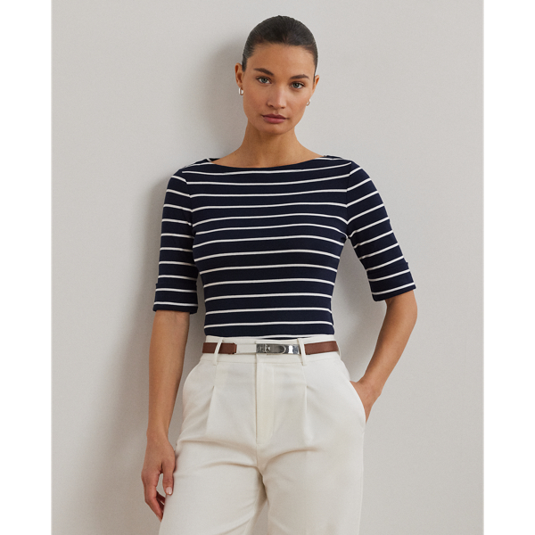 Made with soft stretch cotton, this essential boatneck tee features classic stripes.