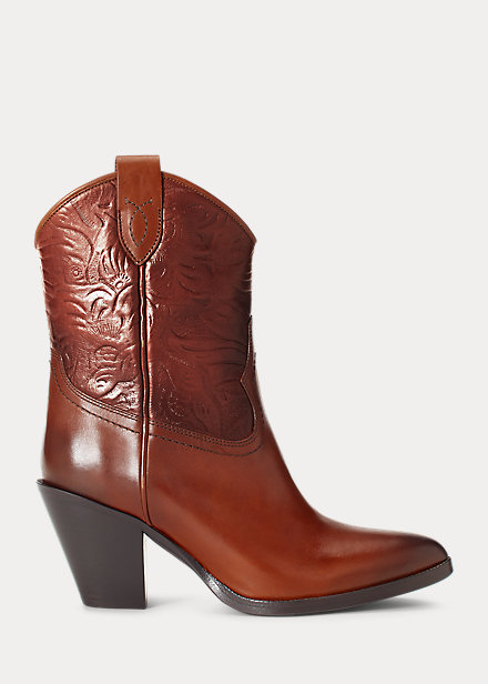 RALPH LAUREN TOOLED LEATHER ANKLE BOOT