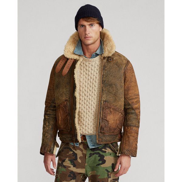 Leather-Trim Shearling Bomber Jacket