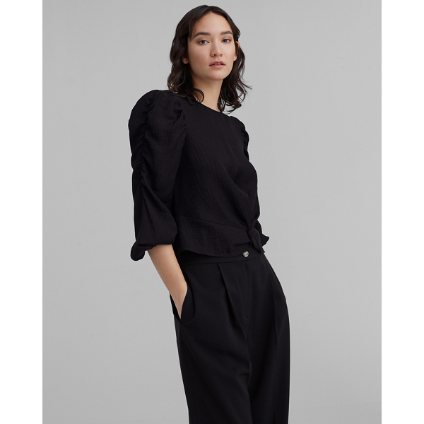 Image of Club Monaco Black Shirred Puff Sleeve Top in Size S