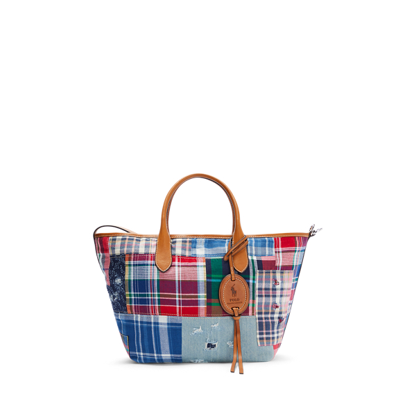 Polo Ralph Lauren Madras Medium Bellport Tote In Multi/cuoio