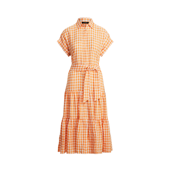 Lauren Petite Gingham Linen Shirtdress In Orange/white
