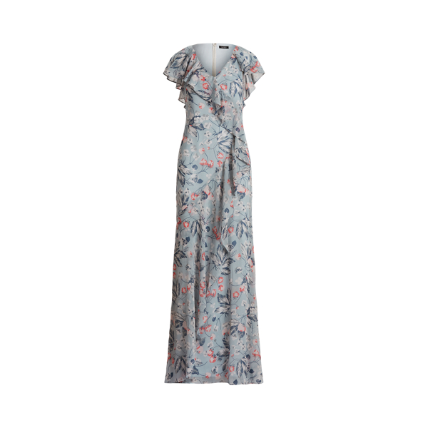 Lauren Ralph Lauren Floral Ruffle-trim Georgette Gown In Dusty Blue/pink