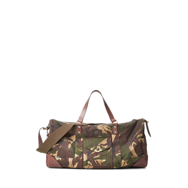 Sac de voyage camouflage bordé de cuir