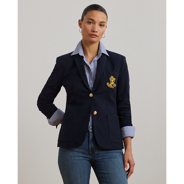 This chic jacquard blazer embodies Lauren style with a signature bullion patch on the chest and luxurious crest-embossed buttons.