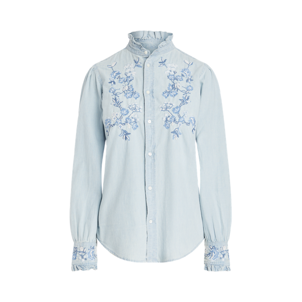 Chemise brodée en chambray à volants