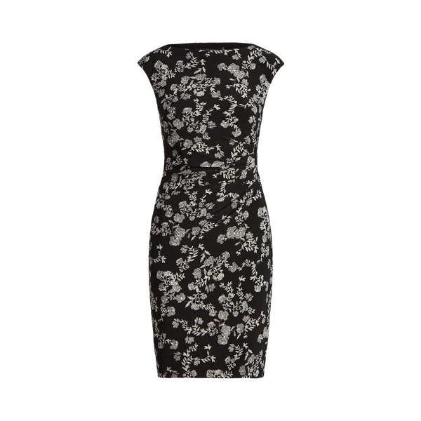 Robe ruchée fleurie encolure bateau