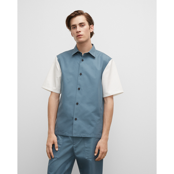 Club Monaco Colorblock Short Sleeve Standard Shirt In Teal Blue