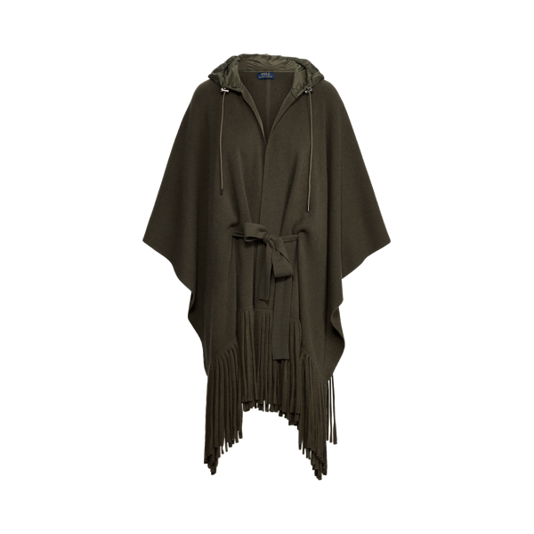 Poncho à capuche et bordure frangée