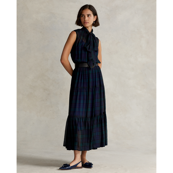 POLO RALPH LAUREN PLAID SLEEVELESS TIE-NECK DRESS,0044688315
