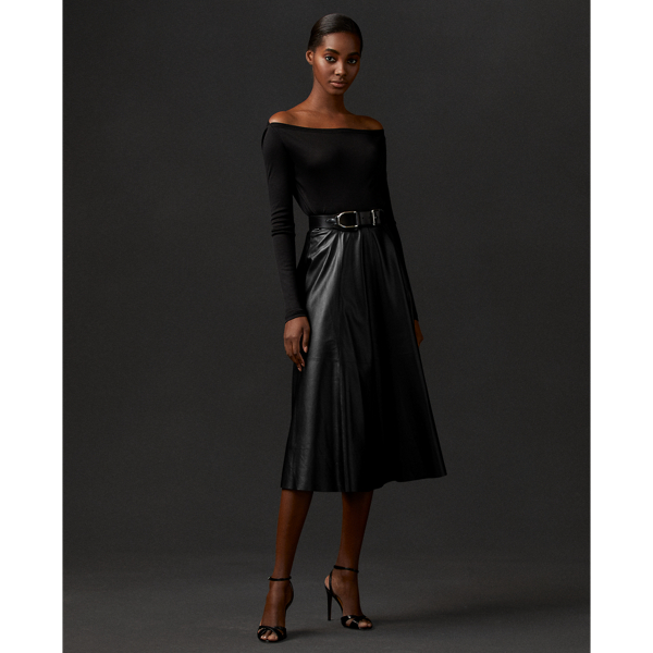 Polo Ralph Lauren Leather A-line Midi Skirt In Black