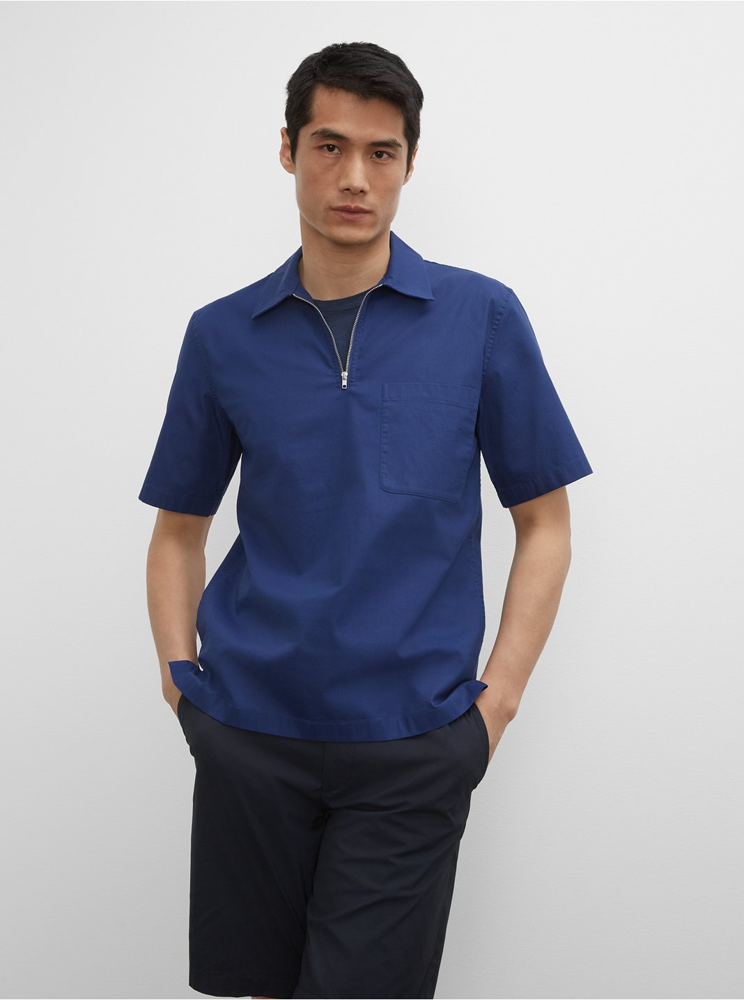 클럽 모나코 셔츠 Club Monaco Short Sleeve Zip Popover Shirt,Deep Ultramarine