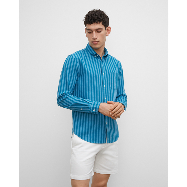 Club Monaco Seaport Slim Striped Linen Blend Shirt In Size Xxl