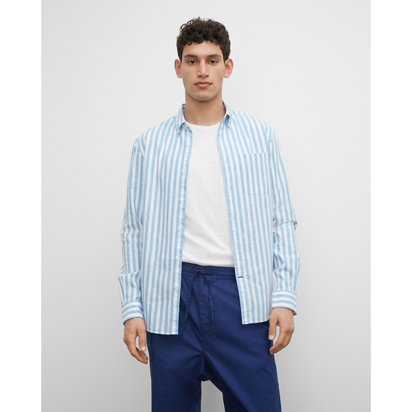 Club Monaco White Blue Multi Slim Striped Linen Blend Shirt In Size Xxl