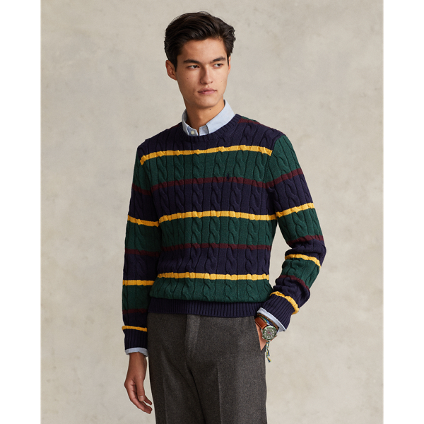 Striped Cable Knit Cotton Sweater