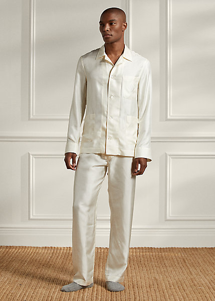 Shop Ralph Lauren Monogram Silk Pajama Set In Cream