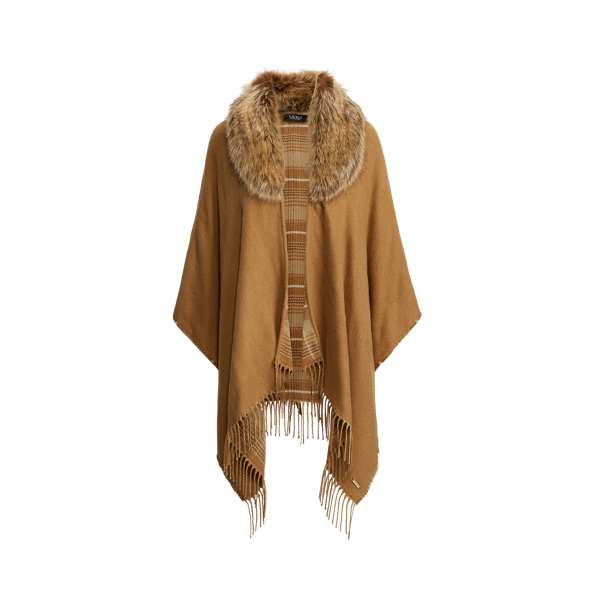 Poncho écossais bordé de fausse fourrure