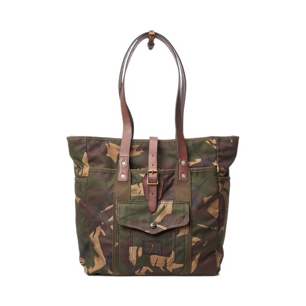 Cabas en toile camouflage bordé de cuir