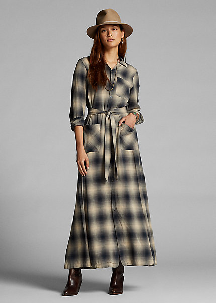 DOUBLE RL OMBRÉ PLAID BELTED SHIRTDRESS,0044672137
