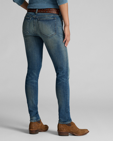 High-rise skinny jeans made from 318.9 g of denim. 3x1 right-hand twill is woven in Japan. Stretch-infused cotton for fit and fast recovery. Dyed with indigo. Faded wash. Signature "RRL" embroidery on the coin pocket. Sanforized to reduce shrinkage.