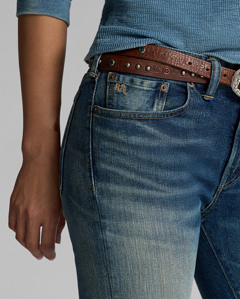 High-rise skinny jeans made from 318.9 g of denim. 3x1 right-hand twill is woven in Japan. Stretch-infused cotton for fit and fast recovery. Dyed with indigo. Faded wash. Signature "RRL" embroidery on the coin pocket. Sanforized to reduce shrinkage.