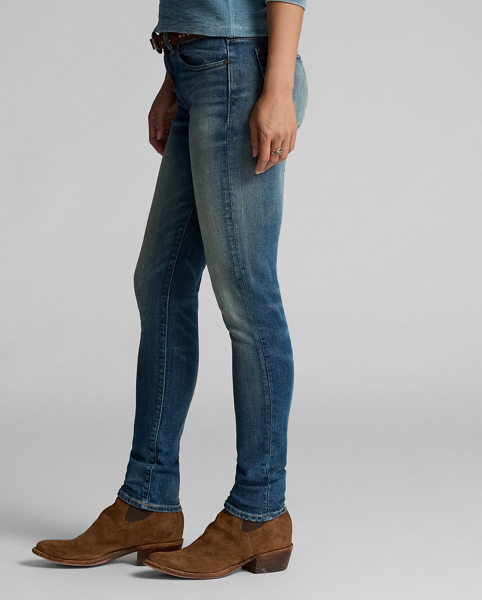 High-rise skinny jeans made from 318.9 g of denim. 3x1 right-hand twill is woven in Japan. Stretch-infused cotton for fit and fast recovery. Dyed with indigo. Faded wash. Signature "RRL" embroidery on the coin pocket. Sanforized to reduce shrinkage.