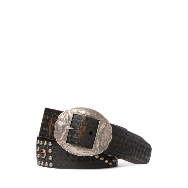 Double Rl Studded Leather Belt In Black Over Brown
