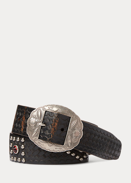 Double Rl Studded Leather Belt In Black Over Brown