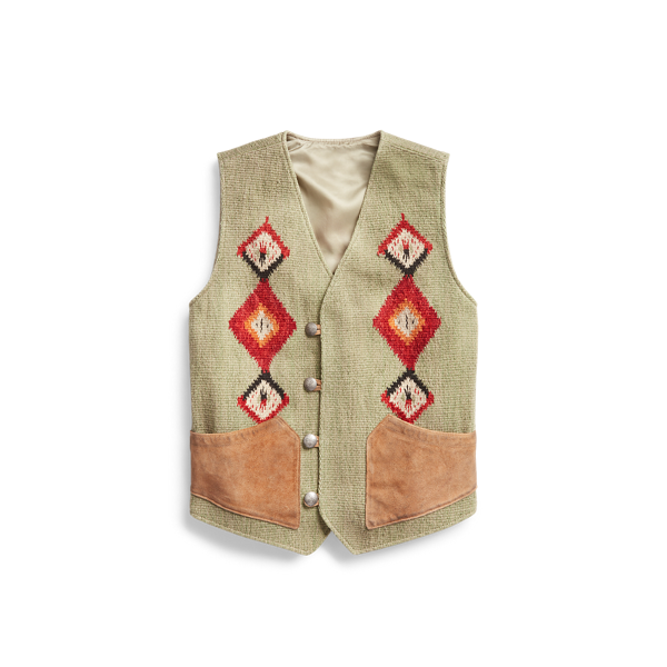 Gilet jacquard tissé main bordé de daim