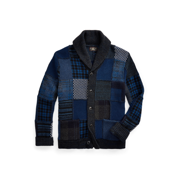 Cardigan patchwork à col châle indigo