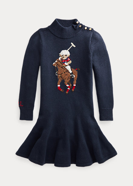 Polo Ralph Lauren Kids' Polo Bear & Big Pony Sweater Dress In Rl Navy Multi